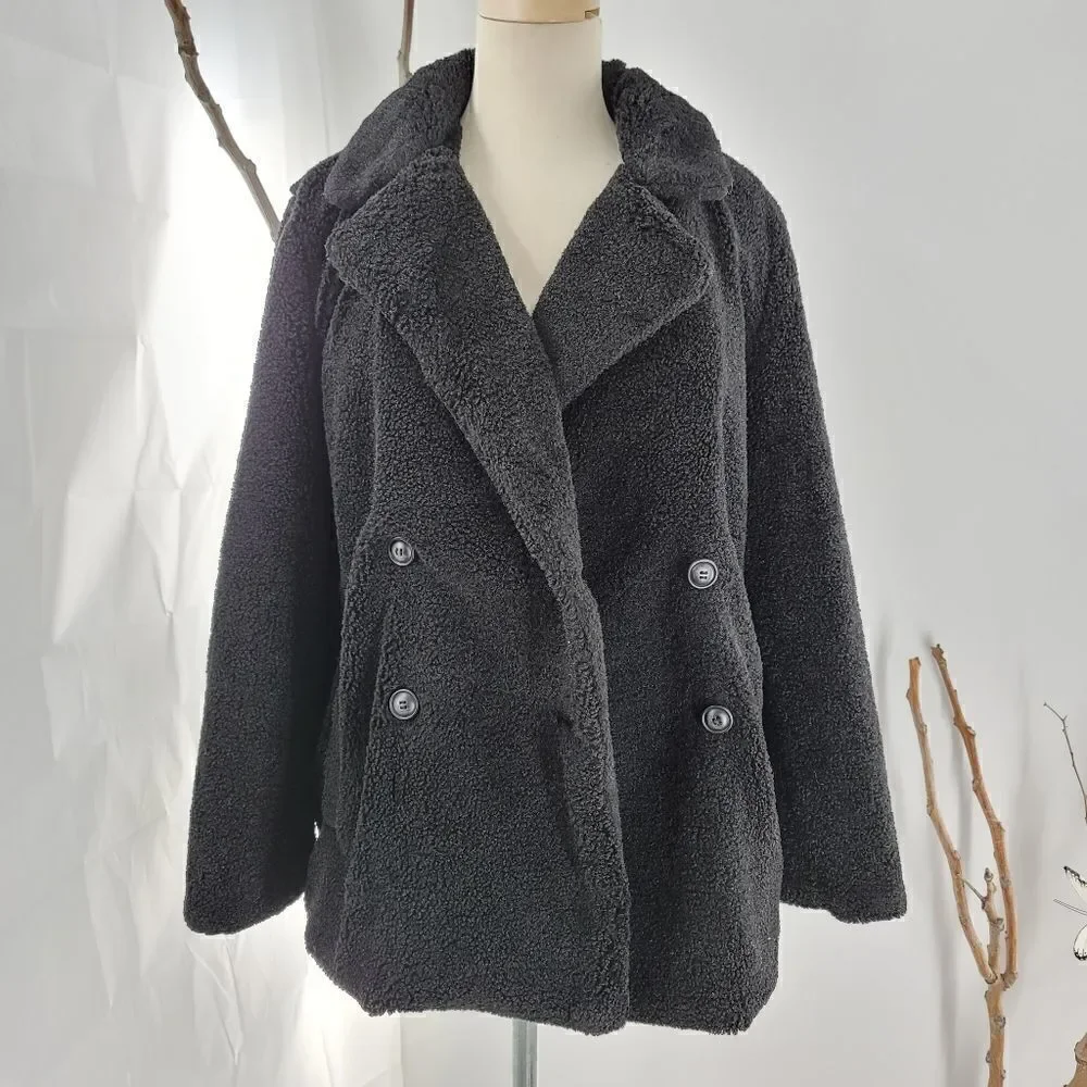 Unbranded oversized teddy bear plush pea coat black